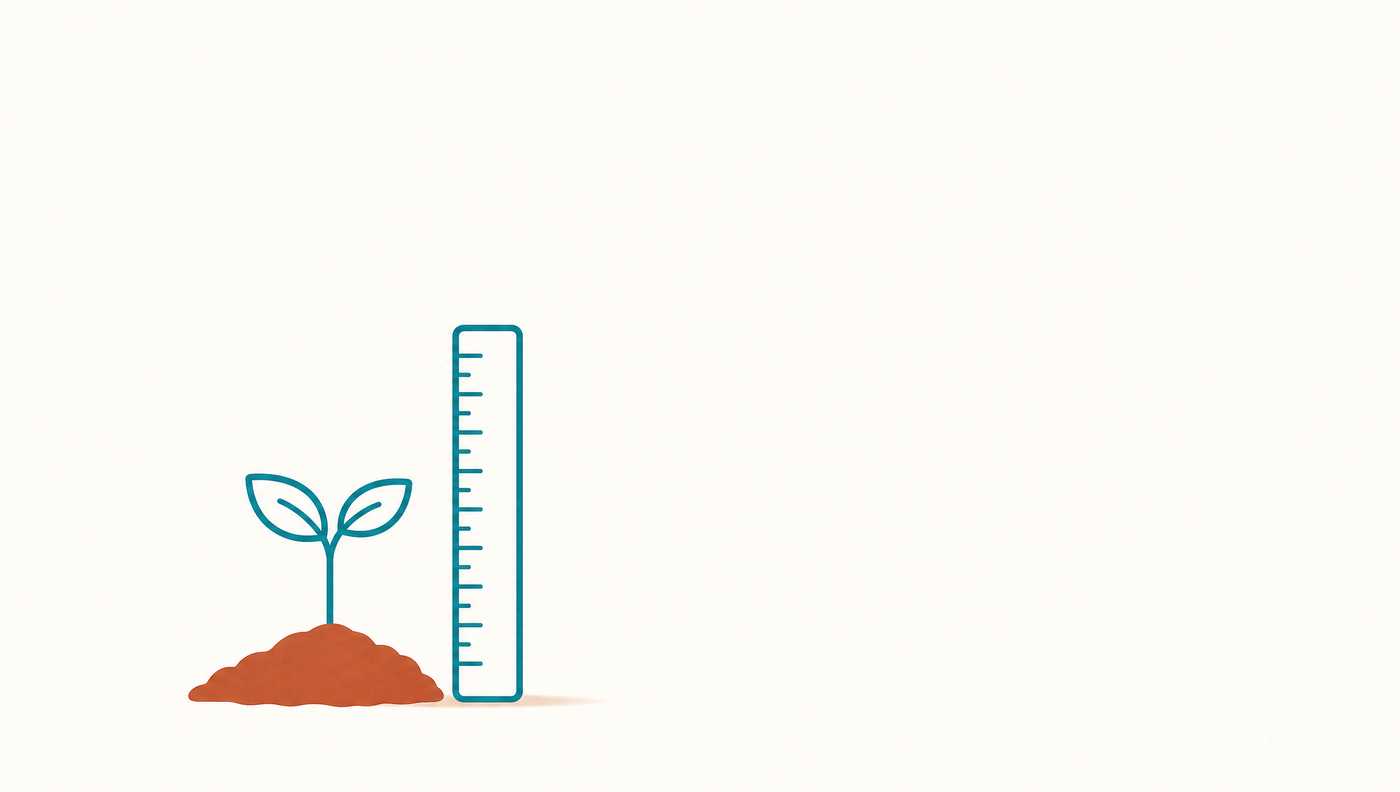 Plant first, measure second. The ruler on its own grows nothing. A seedling growing in soil beside an upright ruler measuring its height.
