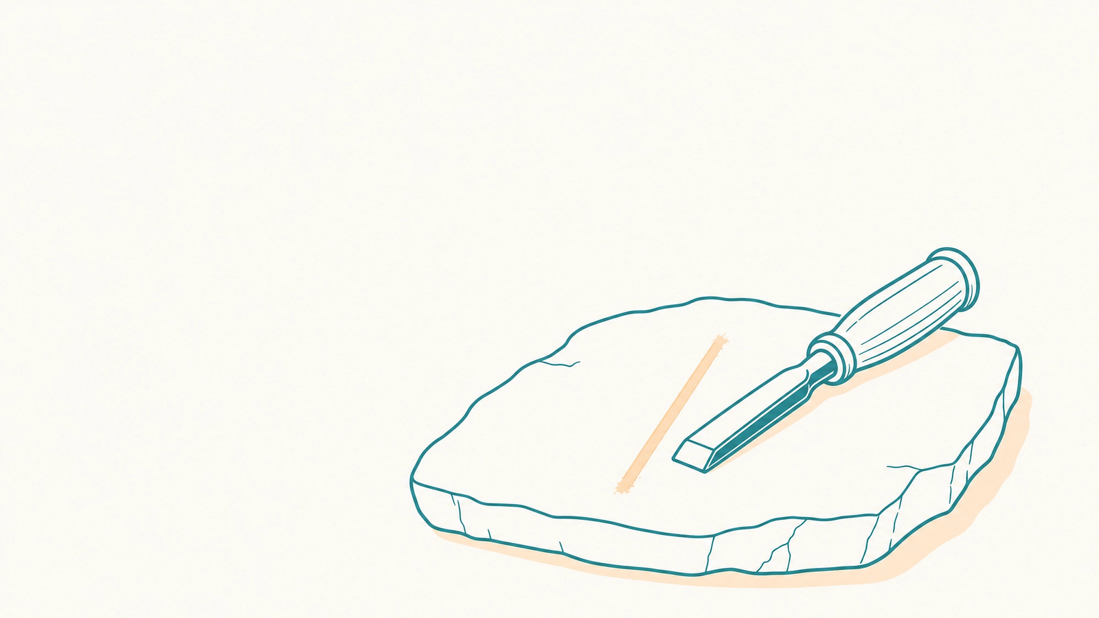 Cut once into something you own. Flat illustration of a chisel resting on a stone slab with one clean cut mark, a metaphor for choosing a blog over social media as the first content move