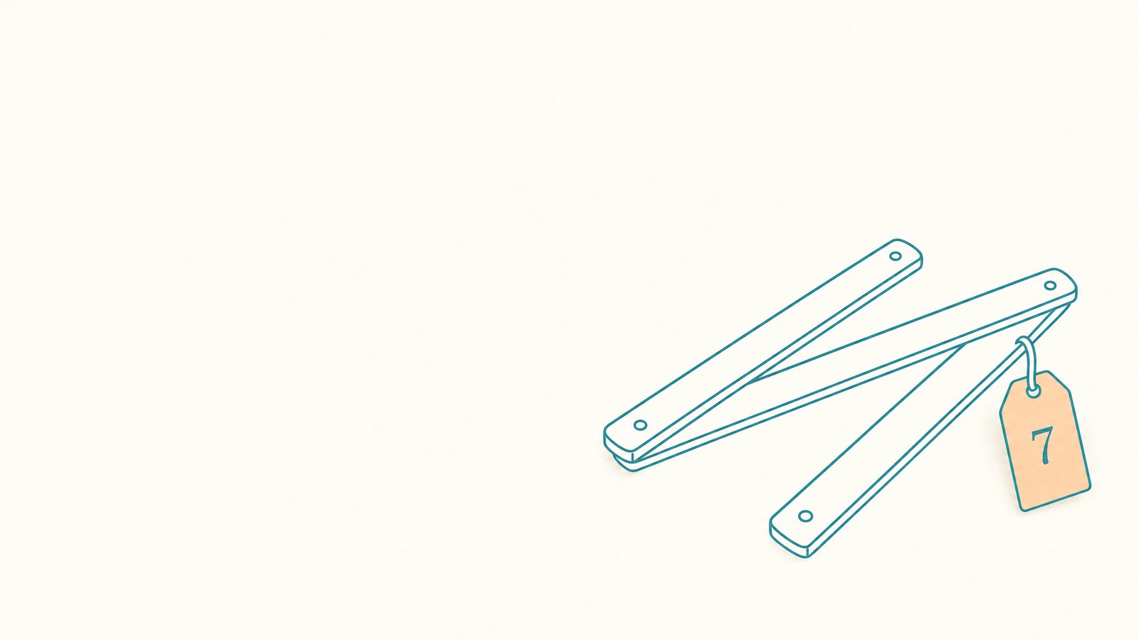 Measure the channel count first. Seven is where the bills cross. A turquoise folding carpenter's rule with an apricot tag marked 7, illustrating the channel count where Postiz vs Buffer pricing crosses over