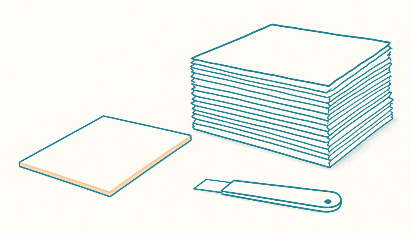 A DIY AI writing tool hands you the stack. The trimming is still yours. A stack of untrimmed printed sheets beside one sheet trimmed to a clean edge, with a trimming blade lying idle nearby