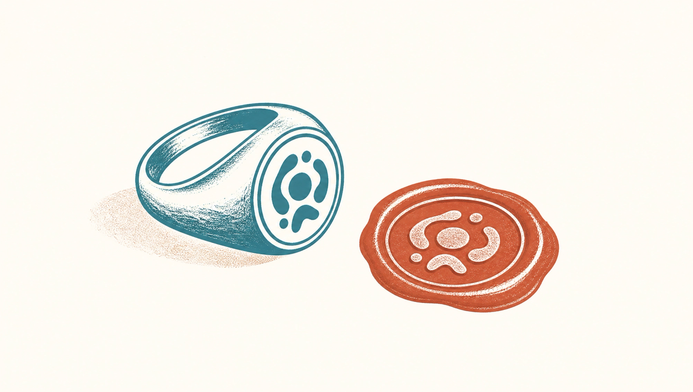 A signet ring next to the single wax seal it has just pressed, illustrating a brand-trained content agent