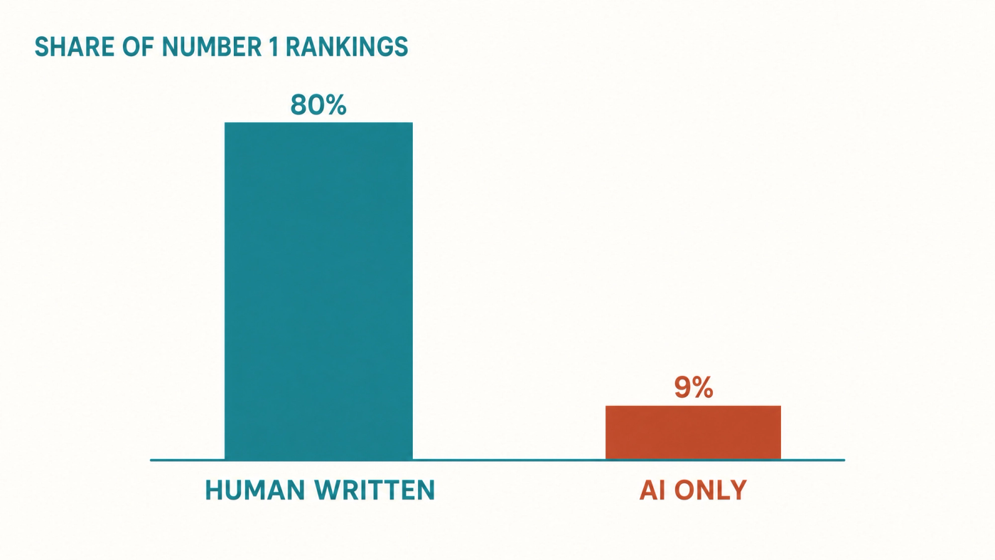 Purely AI-generated pages take the top spot about 9% of the time, against roughly 80% for human-written pages (Semrush, 2026). Bar chart showing human-written pages taking 80% of number one rankings against 9% for AI-only pages