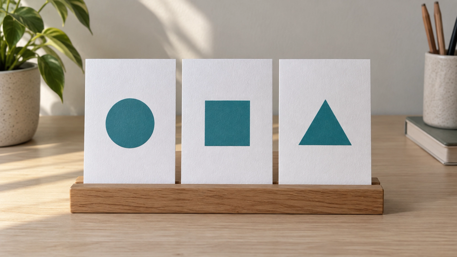 One idea per card. Three elements at most. Three cards each carrying one turquoise shape, illustrating the three-element rule for AI visuals and carousels