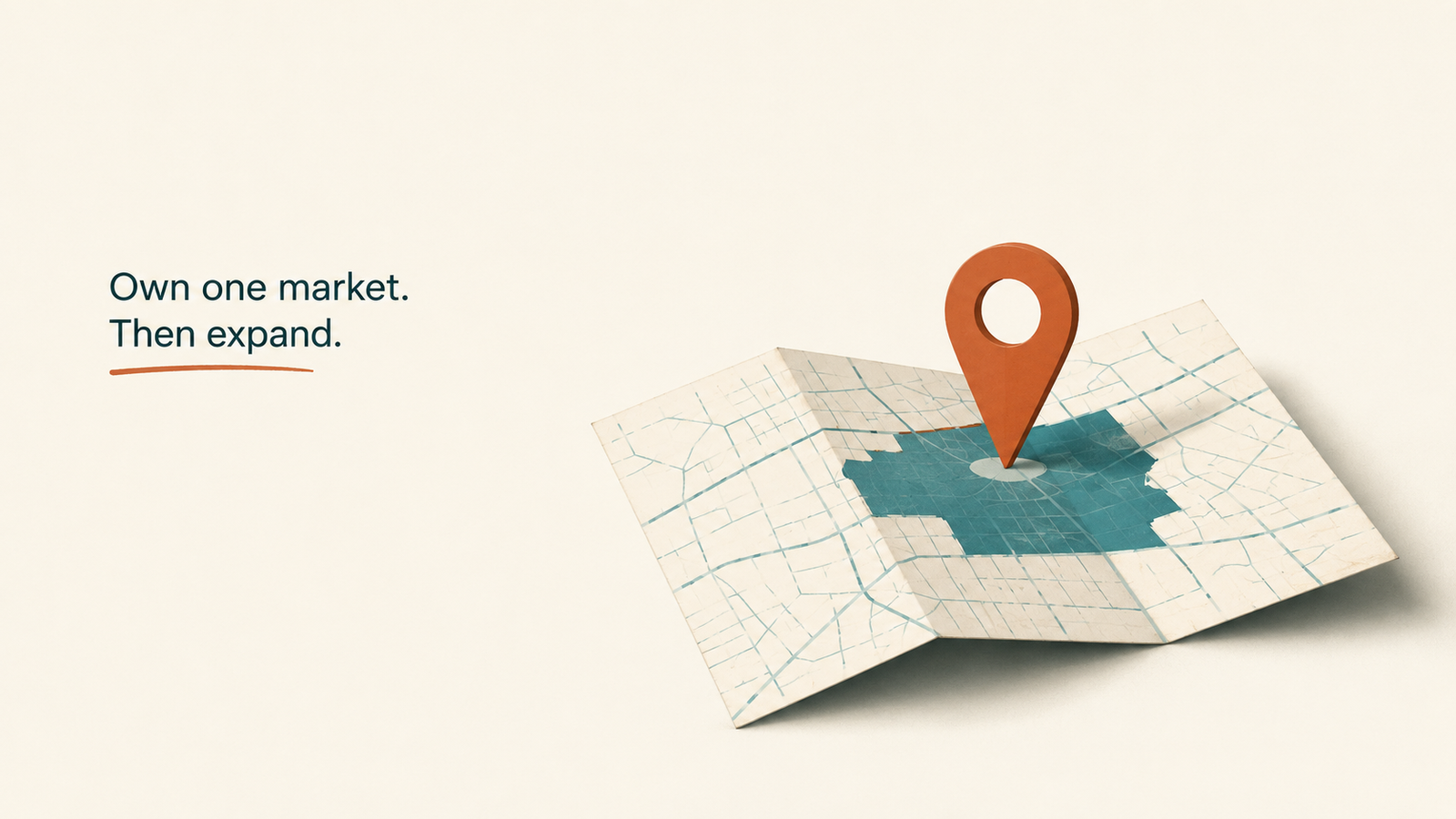 Own one market first. Geo-targeted content helps businesses become the clearest answer in a specific region, increasing visibility in local search, AI assistants, and location-based recommendations before scaling to additional markets. Geo-targeted content strategy illustration showing a single highlighted local market on a folded map, representing how businesses can dominate regional search results, AI recommendations, and local SEO before expanding to new markets.