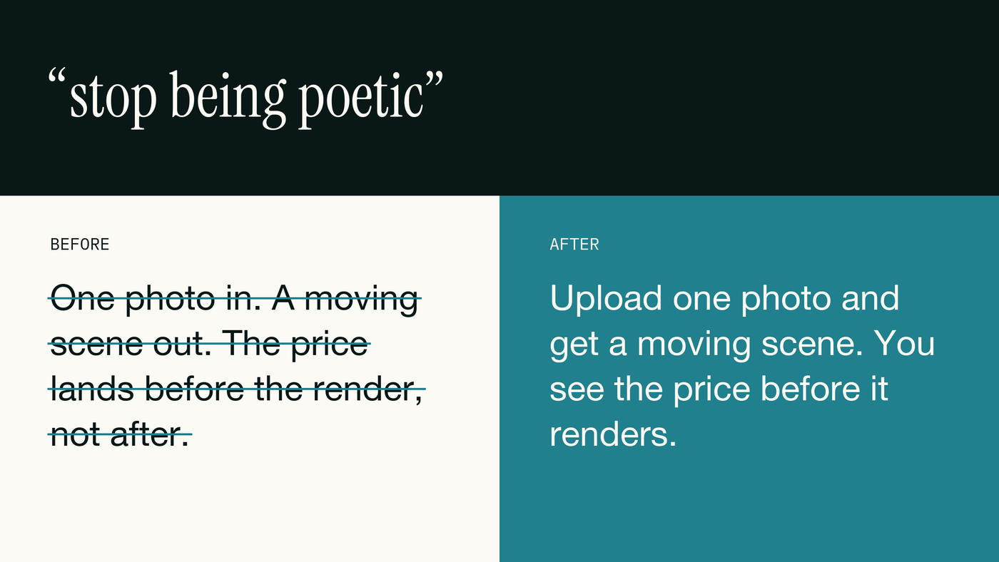 Our own review note, and what replaced the line. Before and after card: a poetic AI line rewritten as one plain sentence