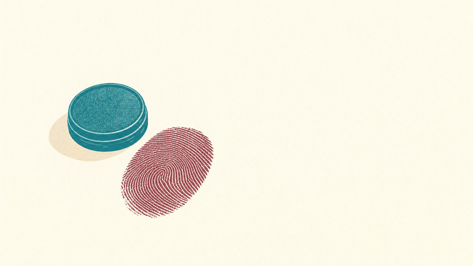 Brand voice is a fingerprint: content only you could have published. An inked thumbprint beside an ink pad, representing brand-trained content that carries a unique voice