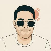 Minimal illustrated portrait of a person wearing dark sunglasses and a white shirt, with short black hair, a neutral smile, and a peach circular accent behind the head on a light background.