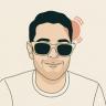 Minimal illustrated portrait of a person wearing dark sunglasses and a white shirt, with short black hair, a neutral smile, and a peach circular accent behind the head on a light background.