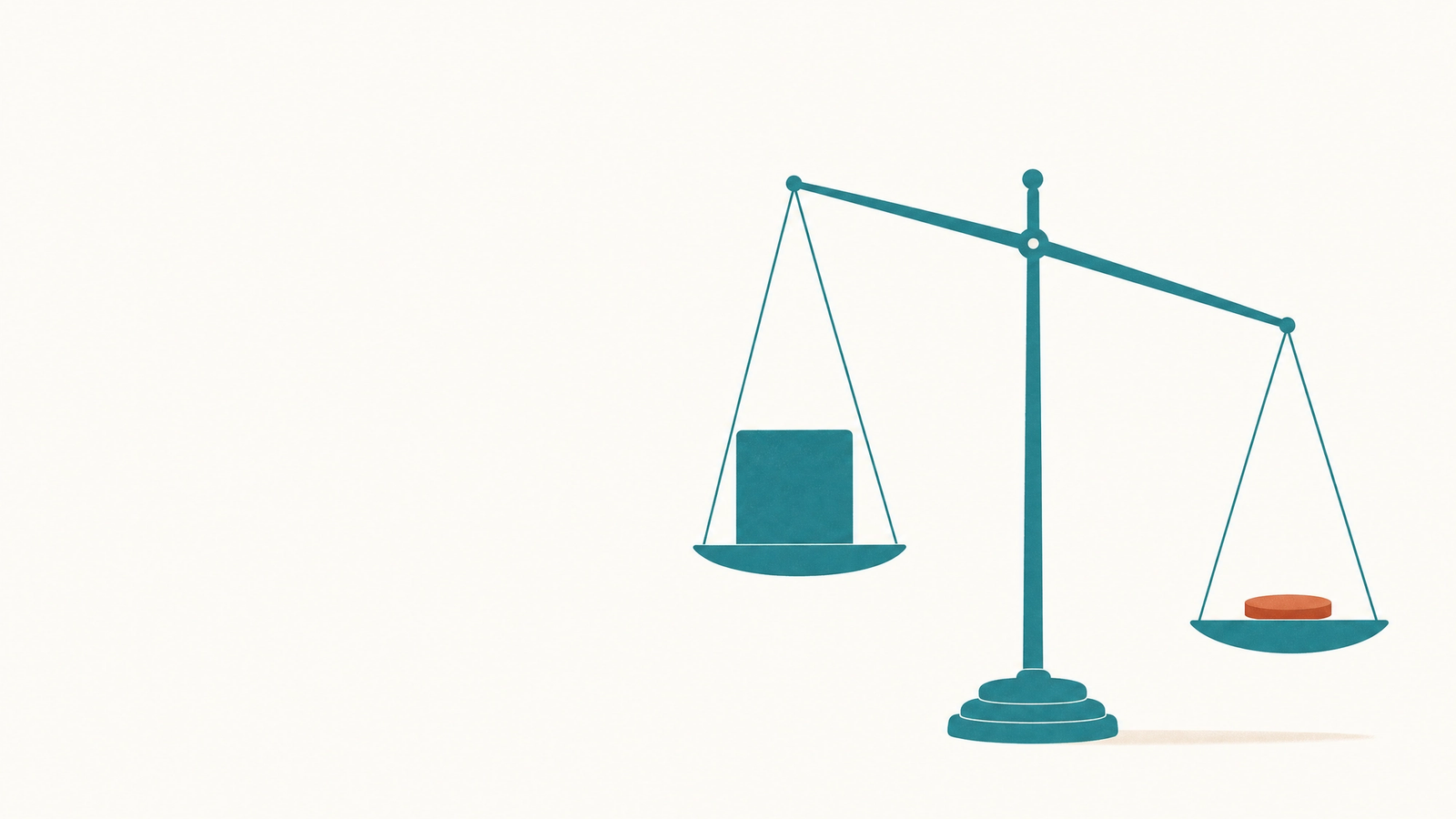 Cost per published article is the weight that actually moves the decision. A balance scale where a single small disc on one pan outweighs a large block on the other