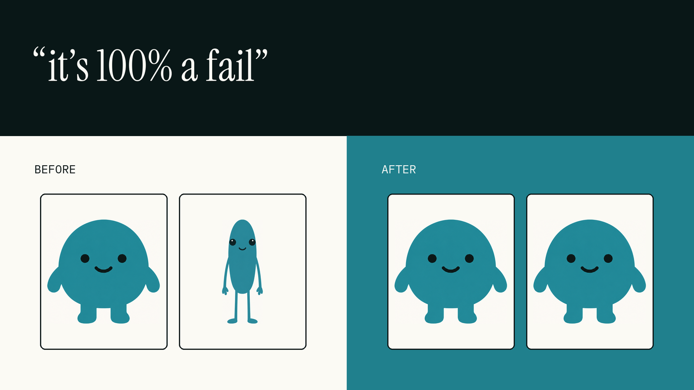 Two renders of the same character: one with drifted proportions, one matching the locked reference image.