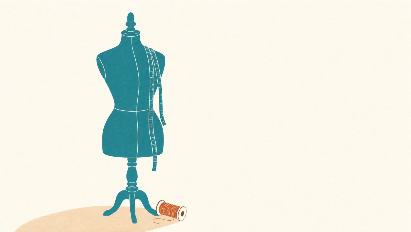 A tailor's dress form with a measuring tape and a thread spool, representing content made to measure for one brand