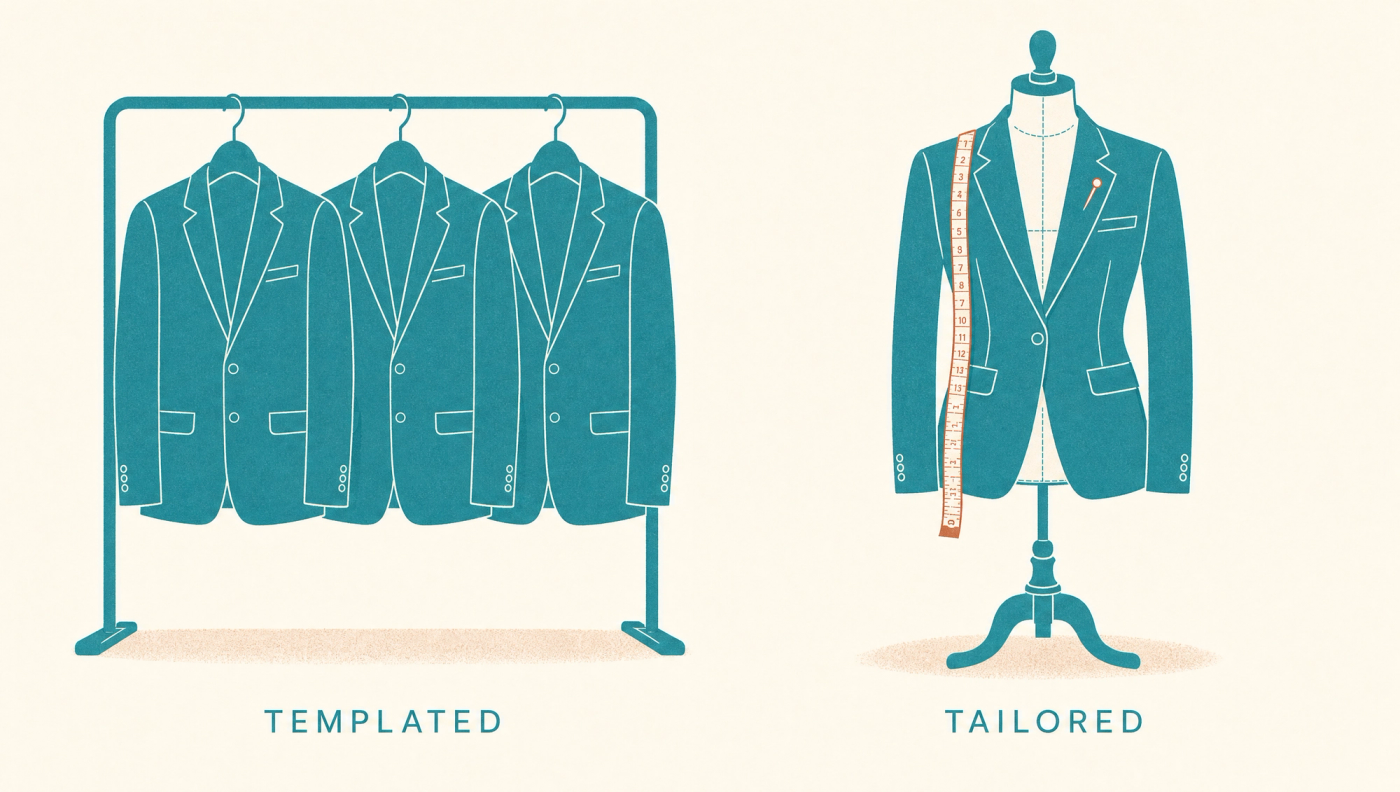 A templated platform fits everyone the same way; a custom agent is cut to one brand. Three identical off-the-peg jackets labelled Templated beside one tailored jacket on a dress form labelled Tailored