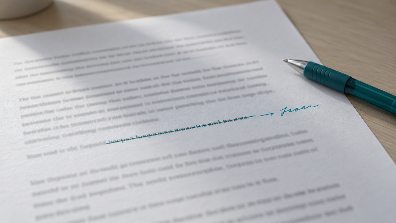 The fix is a pen, not a prompt. A printed page with one sentence crossed out in turquoise pen and rewritten by hand in the margin, illustrating how to humanize AI content