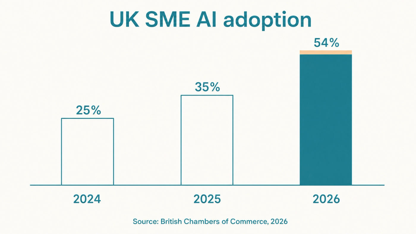 Bar chart showing UK SME AI adoption rising from 25% in 2024 to 35% in 2025 and 54% in 2026.