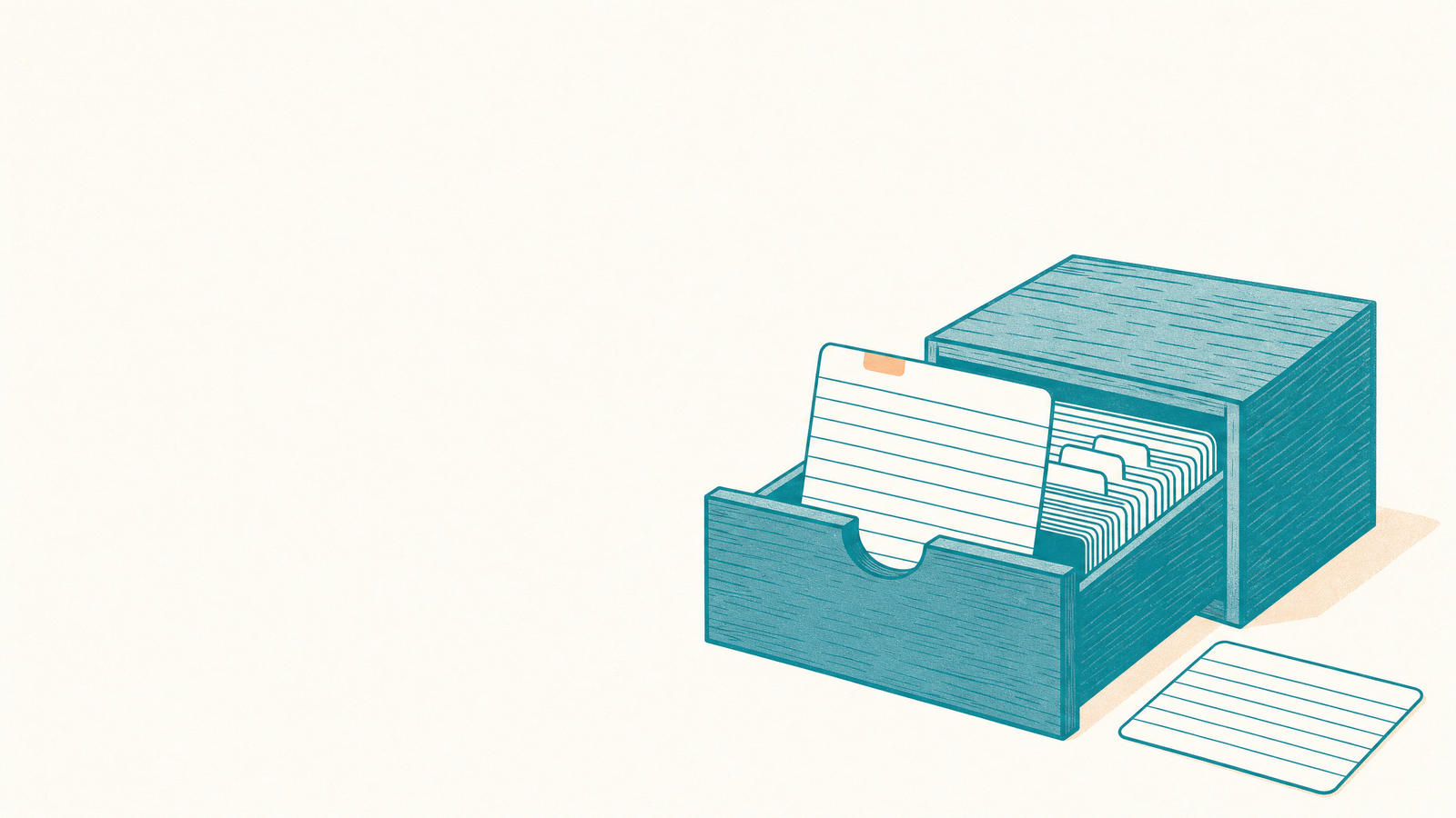 One card goes in the record. The other stays on the desk. A turquoise card-index drawer with one index card being filed inside and a second identical card left lying outside it, illustrating HubSpot vs Buffer and where social activity ends up