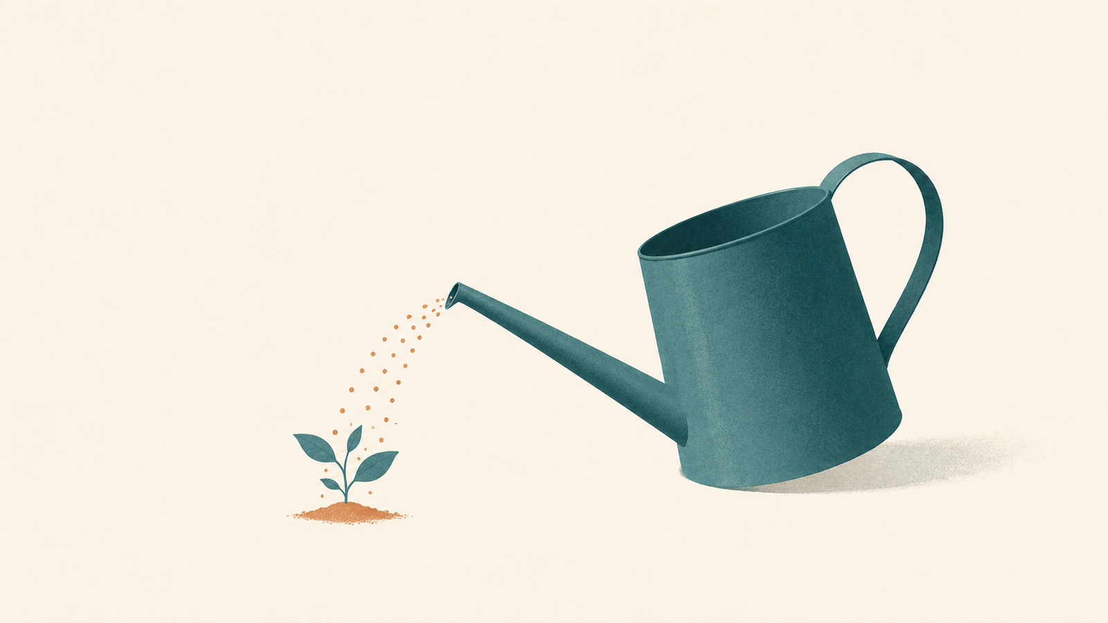 A content asset compounds like a plant that keeps growing after it is planted, while paid ads only produce results for as long as you keep paying. Build the asset first, then use ads to scale what already works. Editorial illustration comparing content marketing and paid advertising: a turquoise watering can steadily watering a small growing plant on a paper-white background, symbolizing how owned content compounds over time while paid traffic requires continuous spend.