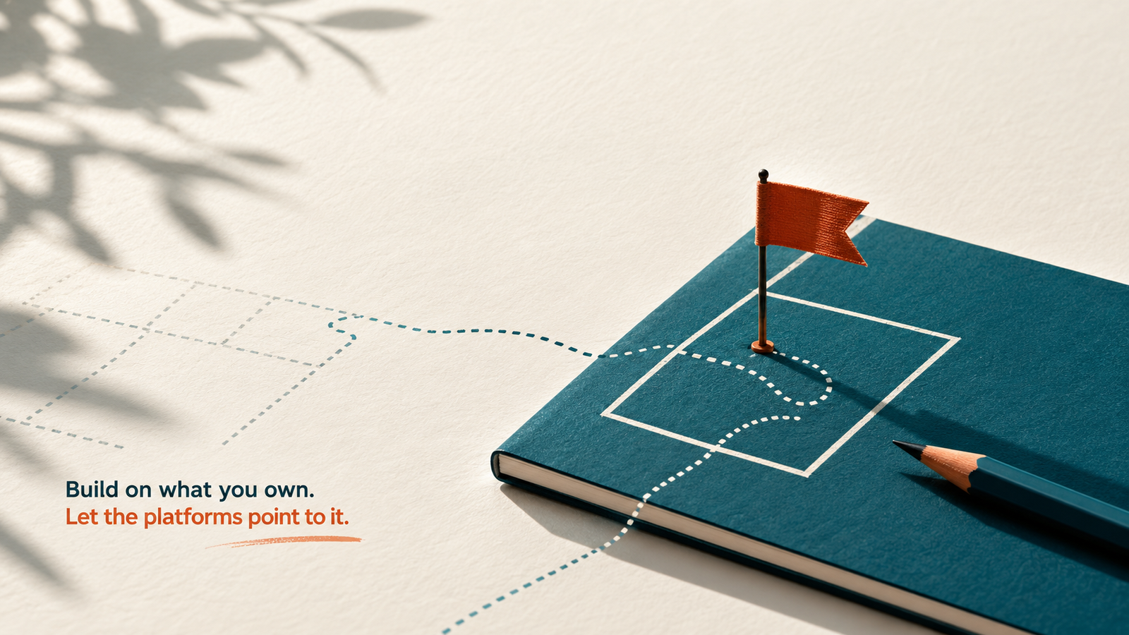 Publish AI content on your own domain first. Owned websites create permanent, AI-citable assets that support generative engine optimization (GEO), while social platforms act as distribution channels that drive traffic back to content you control. Illustration of a map pinned to a notebook with a destination flag, representing publishing AI content on an owned website instead of relying on social media platforms. The image symbolizes content ownership, website content strategy, generative engine optimization (GEO), and building AI-citable assets on your own domain.