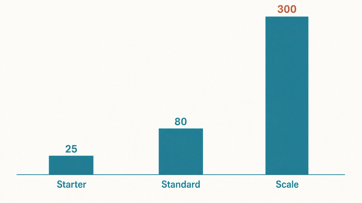 Bar chart of Byword articles included per month by plan: Starter 25, Standard 80, Scale 300