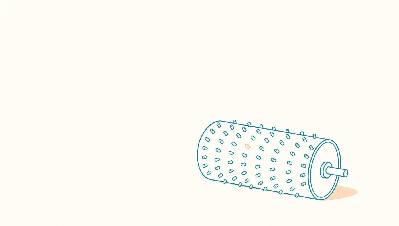 Flat illustration of a music box cylinder studded with pins, lying on plain paper with one pin picked out in a warm colour.