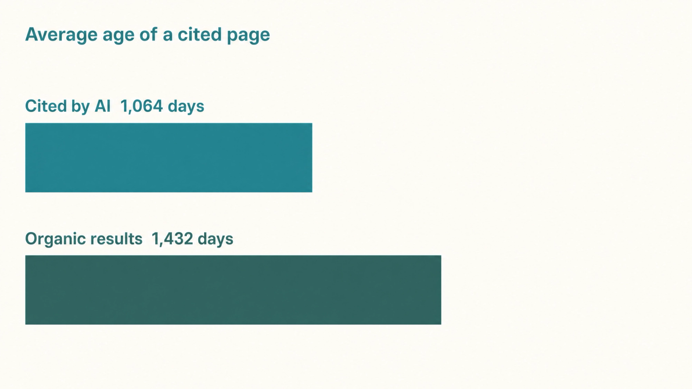 Bar chart comparing the average age of a cited page: 1,064 days for pages cited by AI against 1,432 days for organic search results