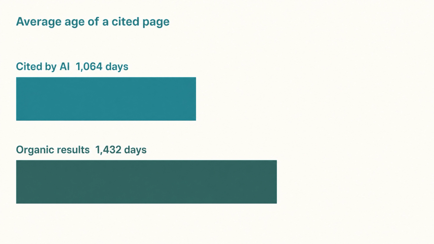 AI search platforms reach for fresher pages than organic results do (Ahrefs, 2026). Bar chart comparing the average age of a cited page: 1,064 days for pages cited by AI against 1,432 days for organic search results