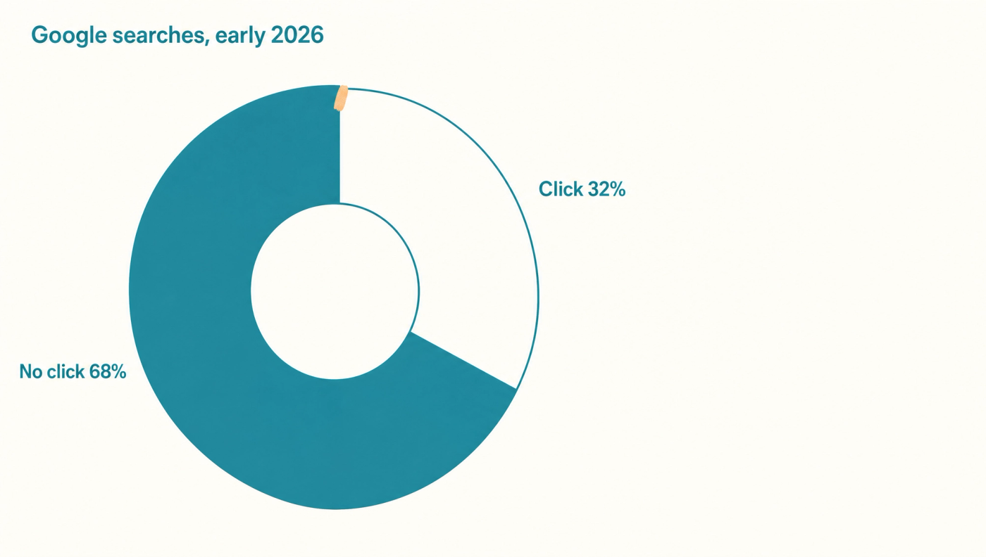 Donut chart of Google searches in early 2026 showing 68% ending with no click and 32% sending a click