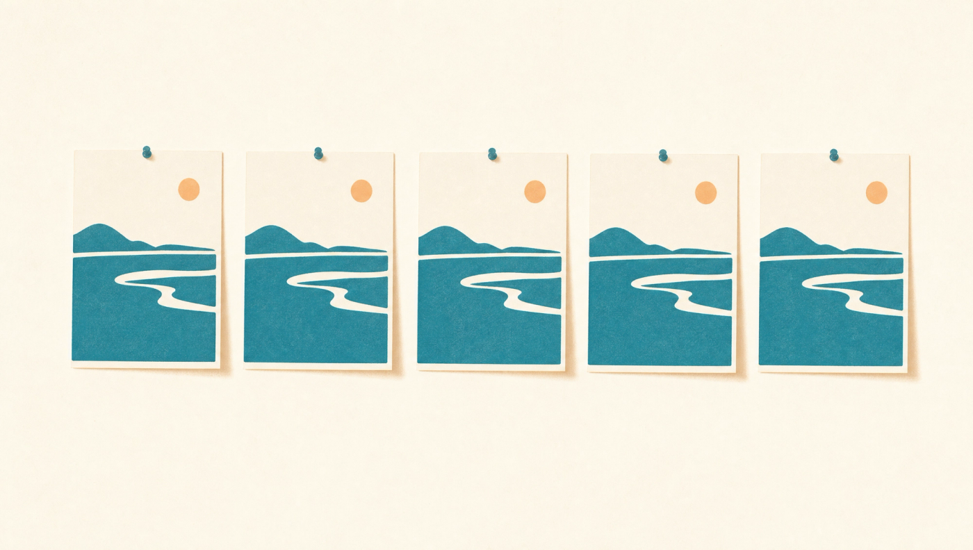 Same model, same template, same output: generic content printed from one stencil. Five identical printed sheets pinned in a row, representing generic AI content that all reads the same