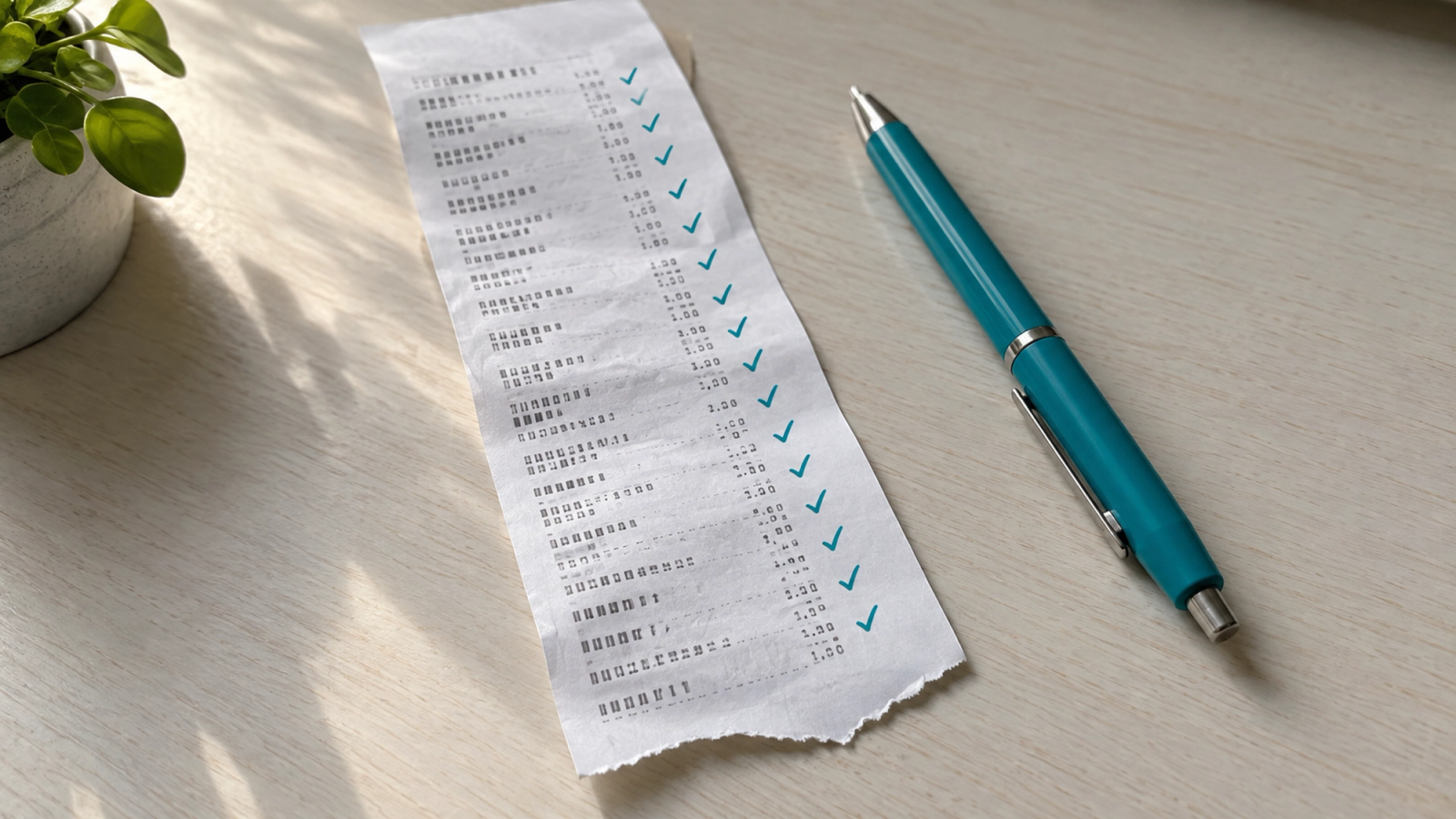 Every number keeps its receipt. The one without gets torn off. A receipt with every line ticked in turquoise and the last line torn off, illustrating AI fact checking for content