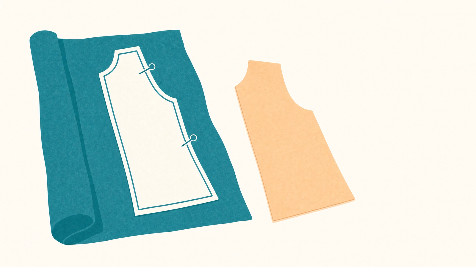 The tool gives you the pattern. Someone still has to cut. A paper dressmaking pattern half pinned to a length of cloth, beside one finished piece already cut to shape