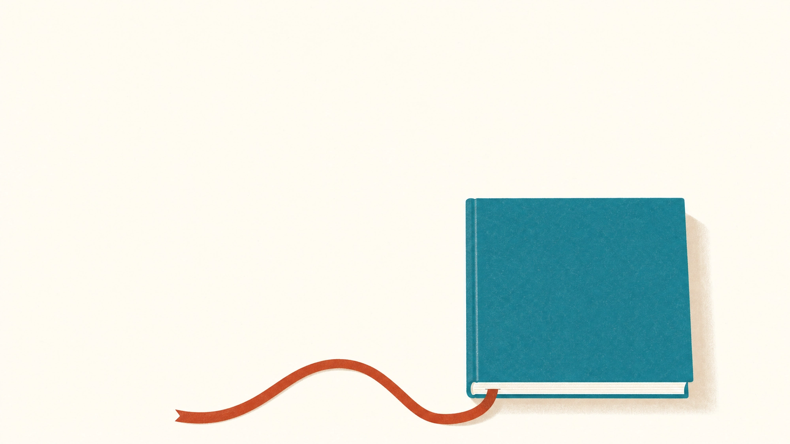 Being cited is a ribbon left in one page: the model keeps coming back to the source it marked first. A closed teal hardback book on plain paper with a single terracotta ribbon bookmark trailing from its pages, illustrating GEO and being the source an AI assistant returns to