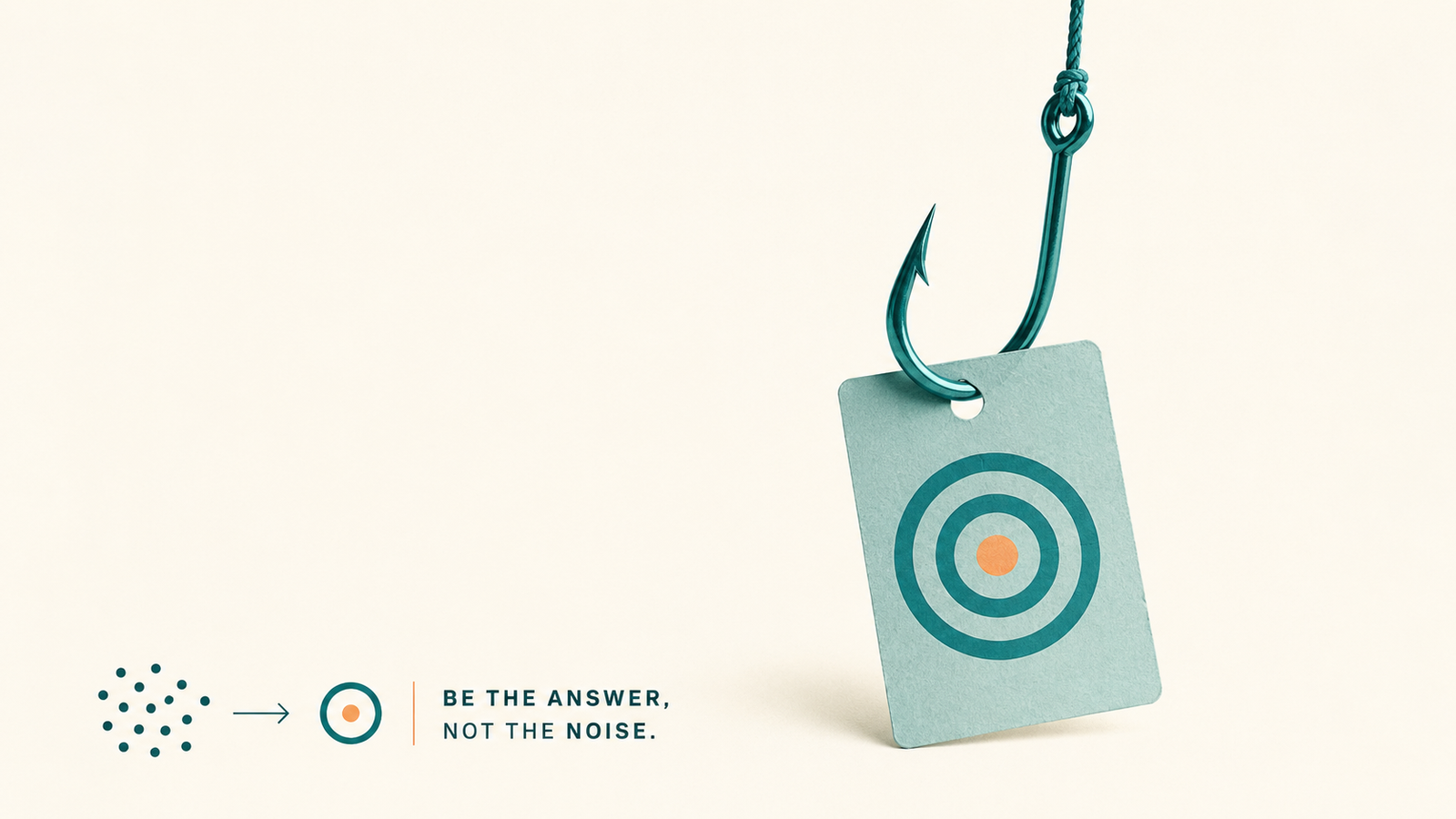 An AI content agent captures demand, not attention. Minimal editorial illustration showing a fishing hook holding a target tag, representing how an AI content agent captures existing buyer demand by helping businesses become the answer to high-intent search queries rather than generating vanity audiences.