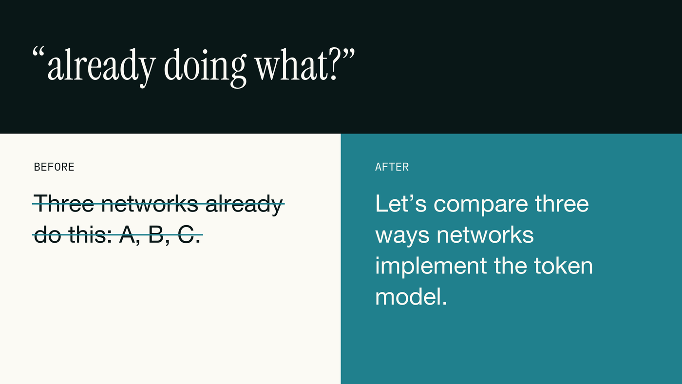 Before and after card: a bad AI social post next to the corrected version, with the review note above them
