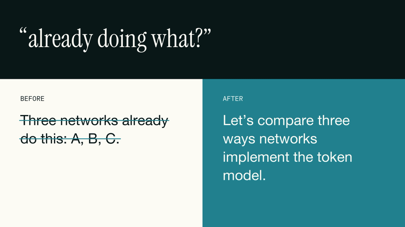 Our own review note, and what replaced the post. Before and after card: a bad AI social post next to the corrected version, with the review note above them