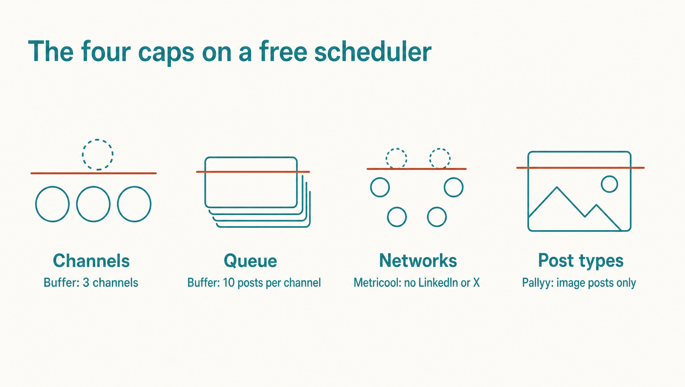 The four things a free scheduling plan limits, with one example of each. Infographic of the four caps on a free social media scheduler: channels (Buffer, 3 channels), queue (Buffer, 10 posts per channel), networks (Metricool, no LinkedIn or X) and post types (Pallyy, image posts only)