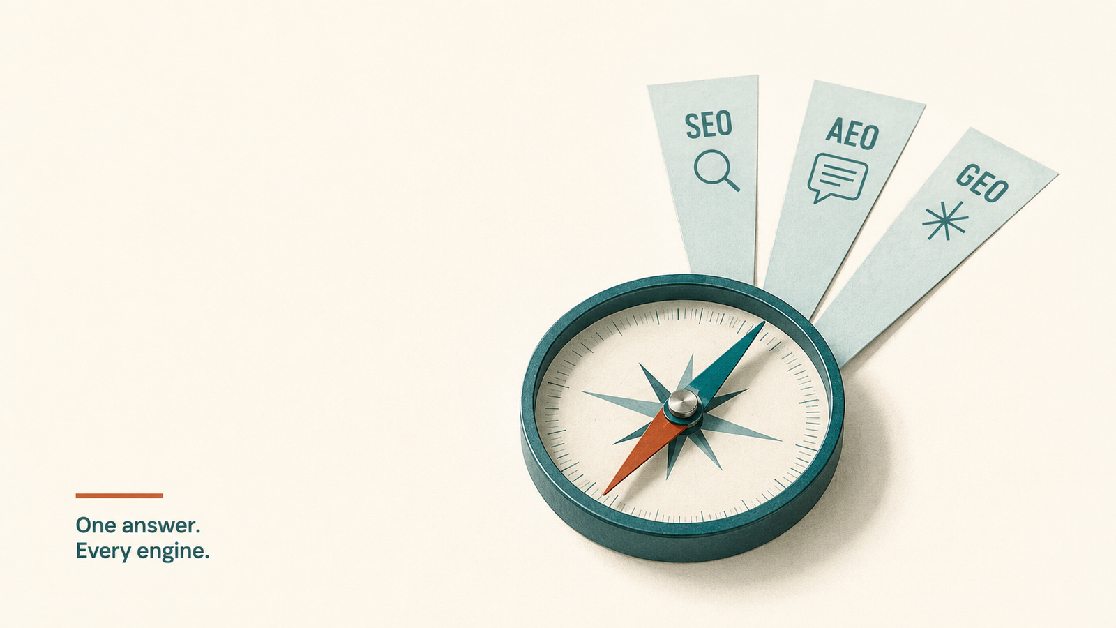 SEO, AEO, and GEO are no longer separate playbooks. The same answer-first content—clear structure, sourced claims, and standalone insights—helps brands rank in search, get quoted in AI Overviews, and earn citations from generative AI engines. Editorial illustration about SEO vs AEO vs GEO showing a single compass aligning three search disciplines into one direction. The image represents answer-first content that helps brands rank in search results, appear in AI Overviews, and earn citations from generative AI platforms such as ChatGPT, Gemini, Claude, and Copilot.