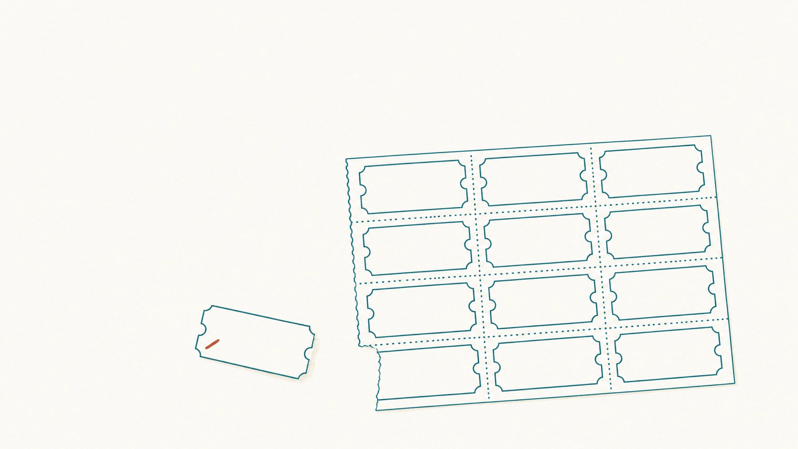 Coverage at volume, or one page that carries a mark of its own. A perforated sheet of identical blank tickets with one ticket torn off and hand-marked