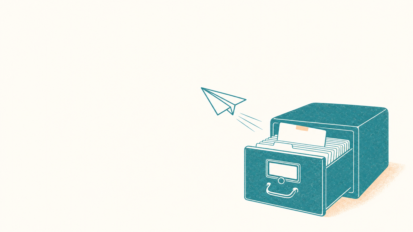 One tool sends the post; the other files what happens next. A small turquoise paper aeroplane flying towards a large card-index drawer with one card raised, illustrating Postiz vs HubSpot as a publisher against a CRM