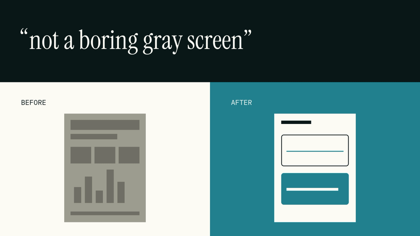Our own review, recreated to show the rule: grey and crowded versus Paper White and simple. Two mock slides side by side: a grey background with six competing elements, and a Paper White slide with three.
