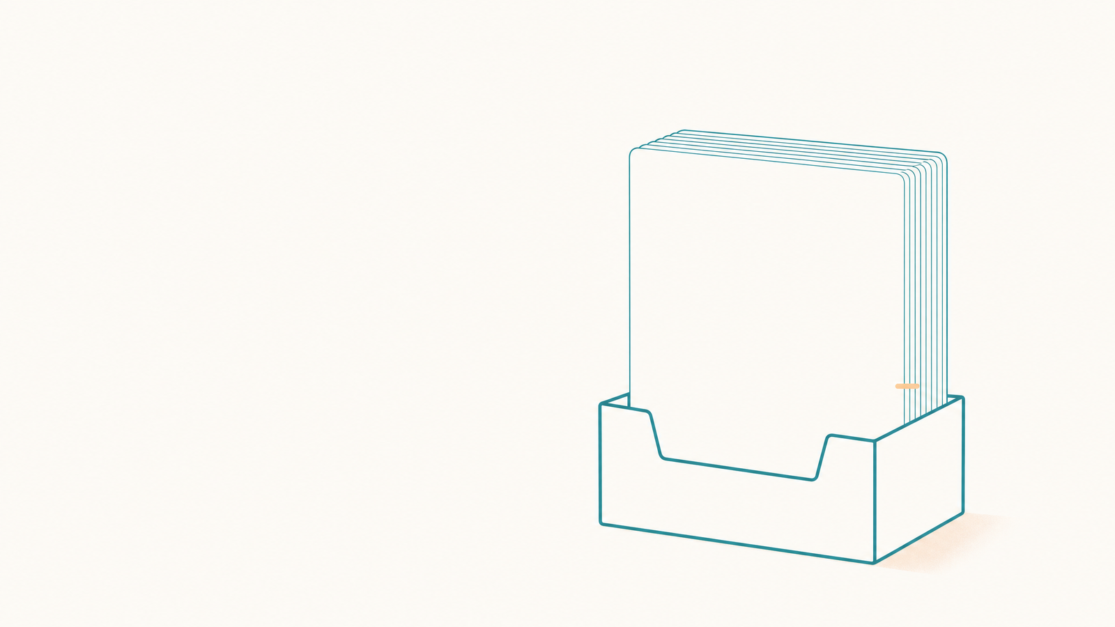 A free social media scheduler holds only what fits under its cap. A tall stack of blank cards standing in a shallow turquoise card box, with a small apricot mark on the stack at the height of the box rim