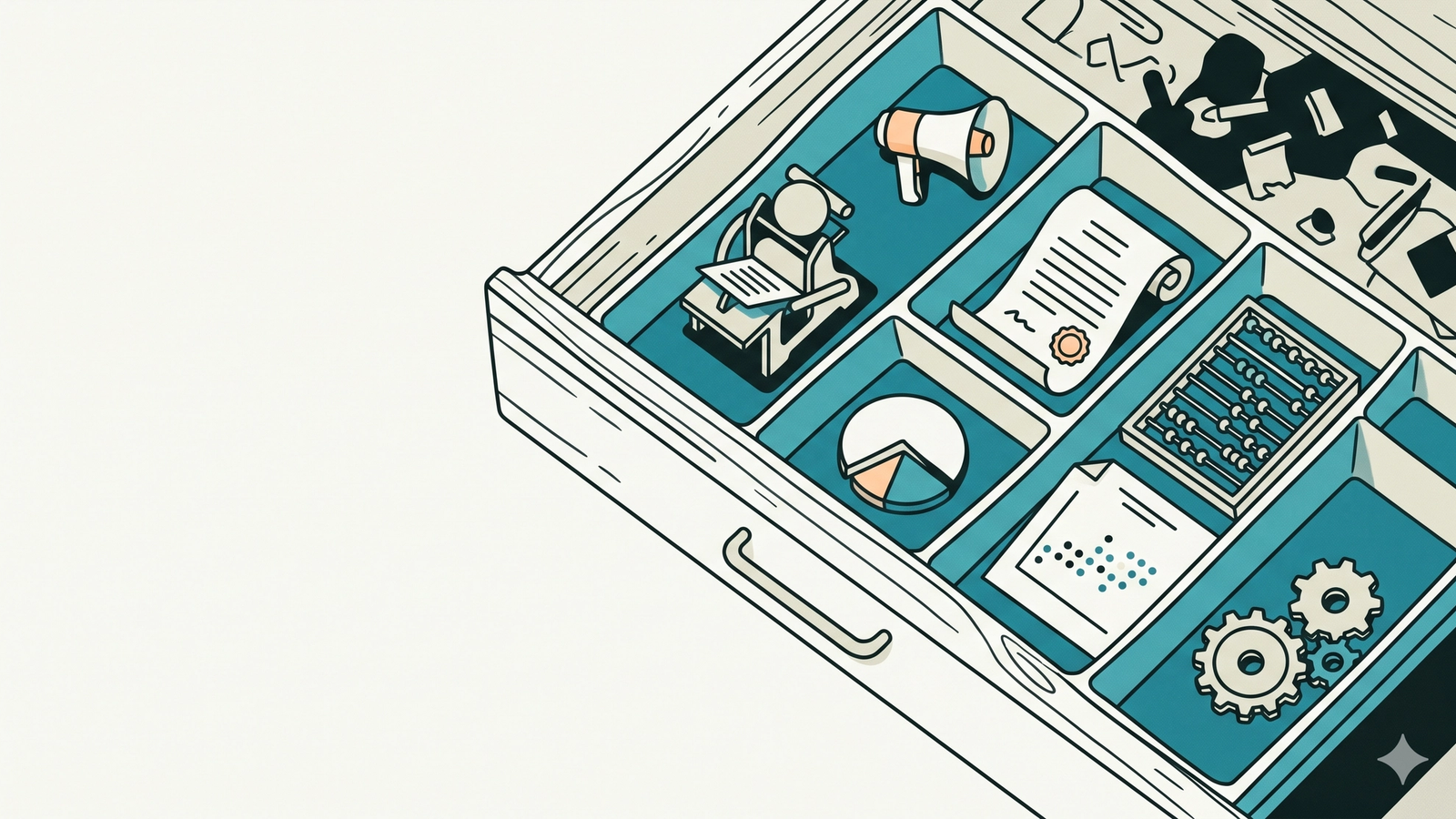 Categorizing skills by function acts as a noise filter—turning a sprawling AI landscape into a neatly organized toolkit, ready for the exact job on your desk. An organized drawer of specific tools representing a library of ready-made AI skills, showing how to categorize tasks for custom AI assistants.