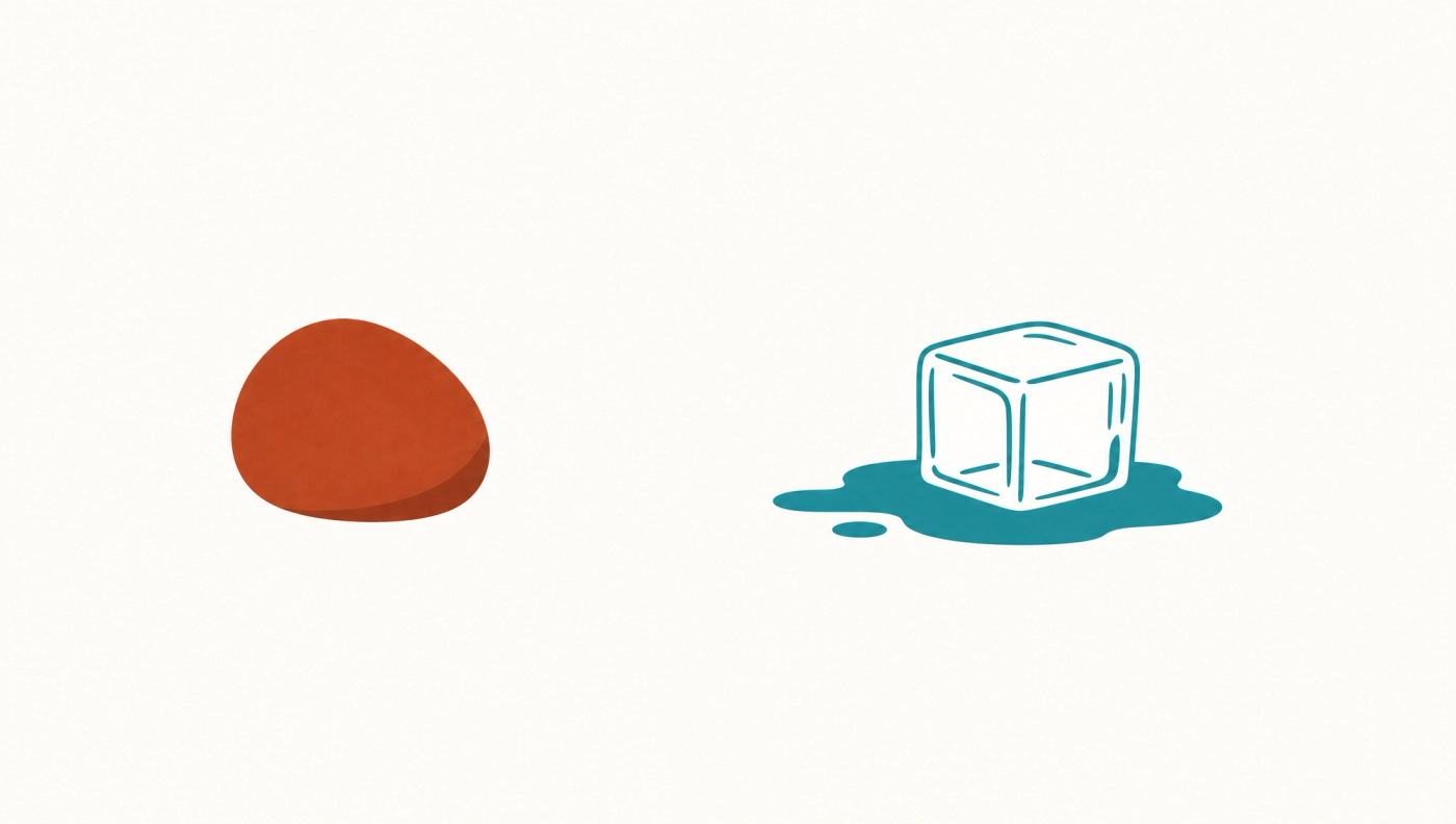 Flat illustration of a solid stone next to an ice cube melting into a puddle, showing the difference in content half-life between a blog post and a social post
