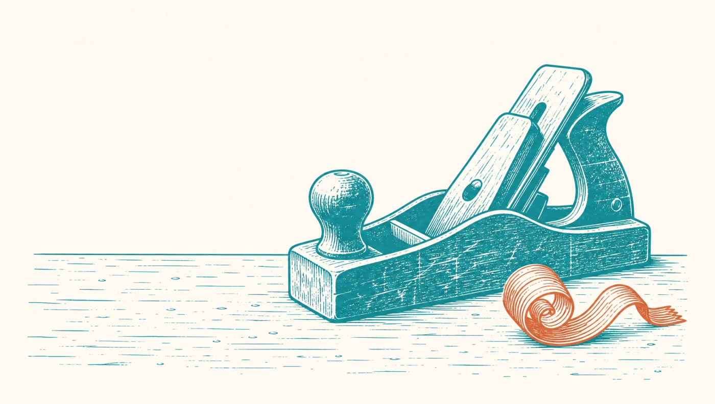 A wooden hand plane resting beside a curl of shaving, illustrating hands-on control over the work.