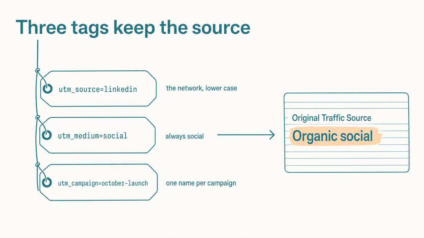 Three link tags, utm_source=linkedin, utm_medium=social and utm_campaign=october-launch, pointing to a HubSpot contact record whose Original Traffic Source reads Organic social