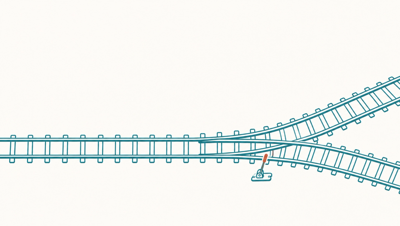 A single railway track splitting into two at a set of points, with a small hand lever beside the switch, illustrating the choice between Postiz and Buffer at the crossover point