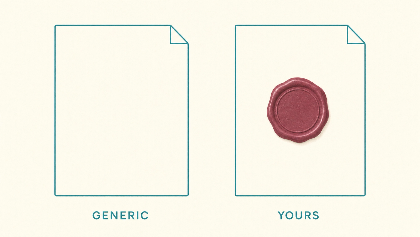 Two pages side by side labelled Generic and Yours, the second stamped with a wax seal representing brand-trained content