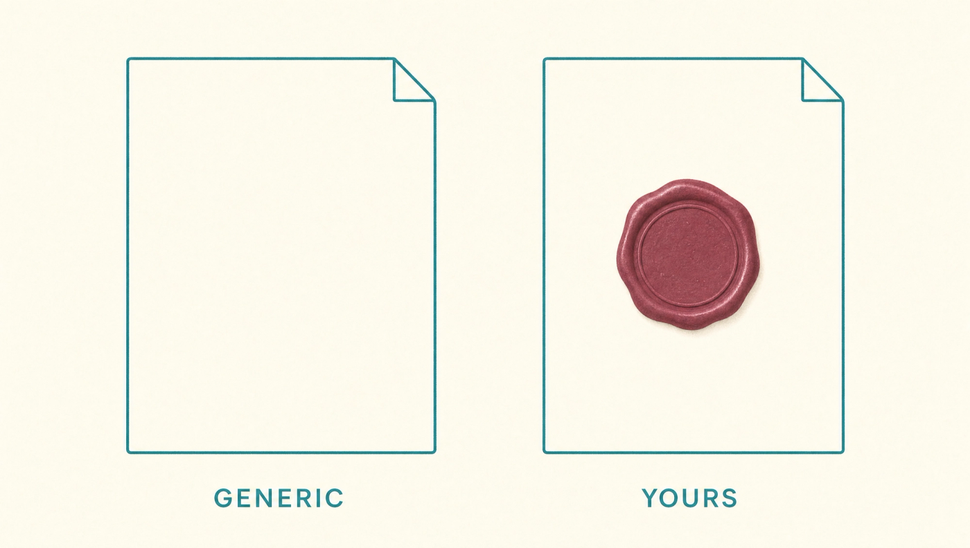 The one input that ends sameness: your own voice pressed into the page. Two pages side by side labelled Generic and Yours, the second stamped with a wax seal representing brand-trained content