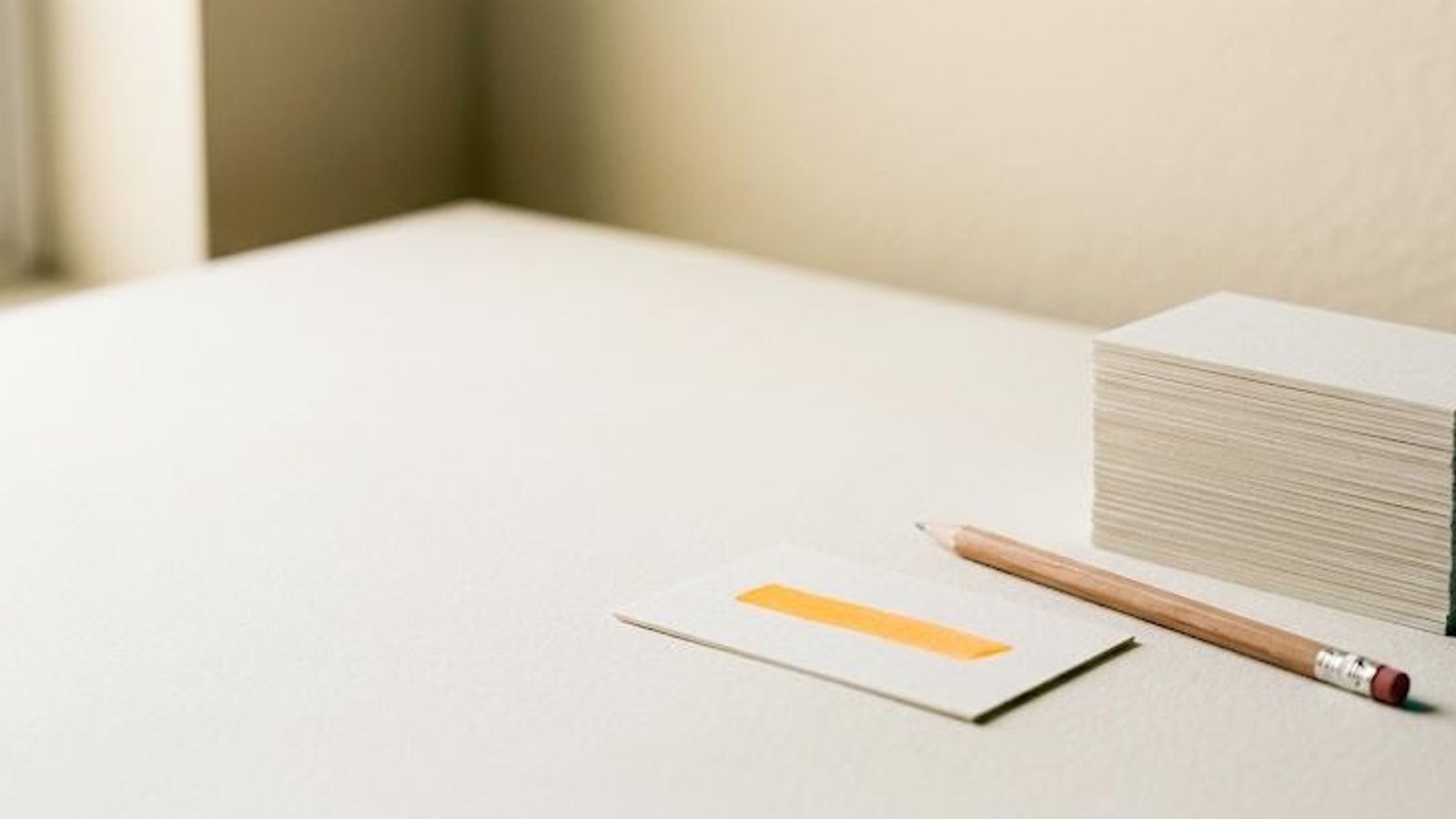 One prompt worth keeping, pulled out of the stack. A stack of blank index cards on a white desk next to a pencil, with one card in front showing a single yellow highlighted line.
