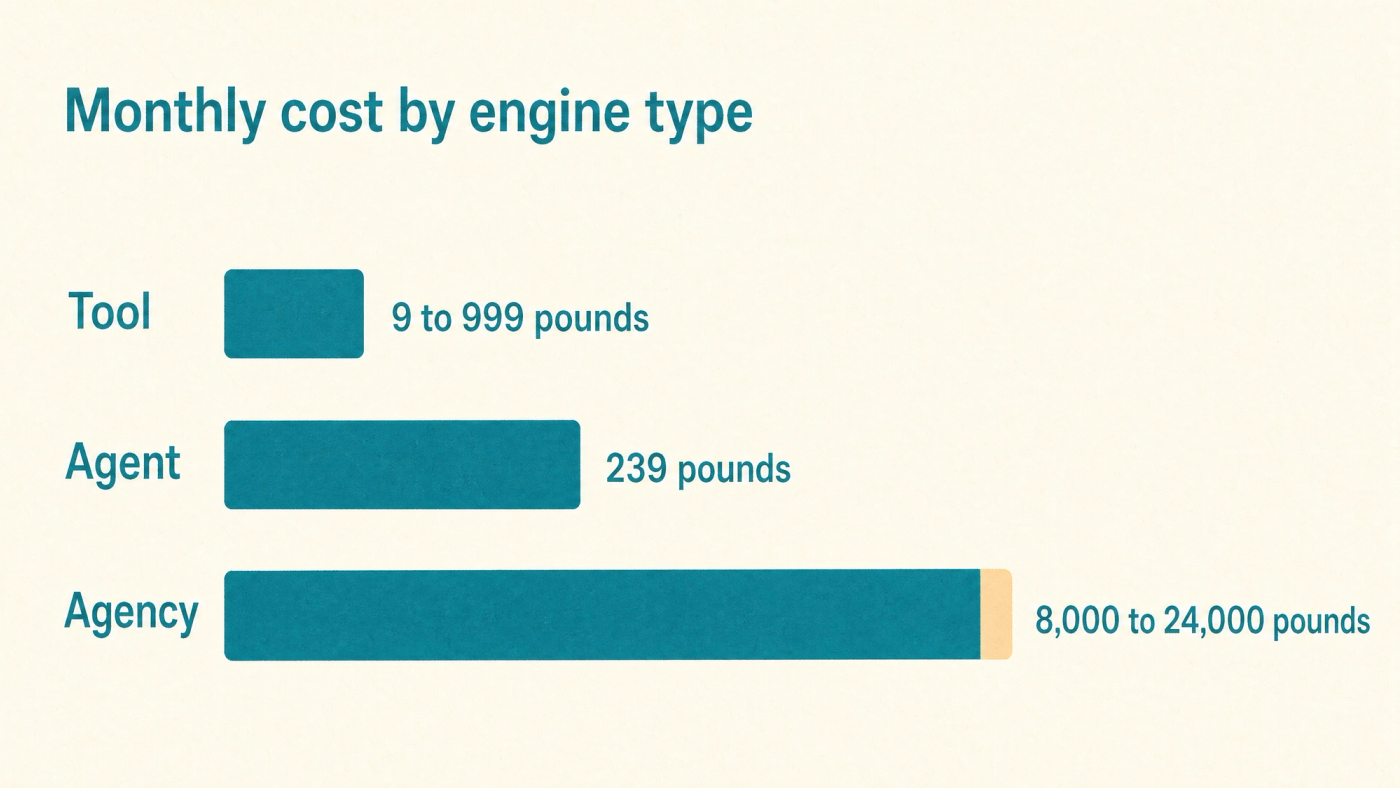 Bar chart of monthly cost by engine type: Tool 9 to 999 pounds, Agent 239 pounds, Agency 8,000 to 24,000 pounds