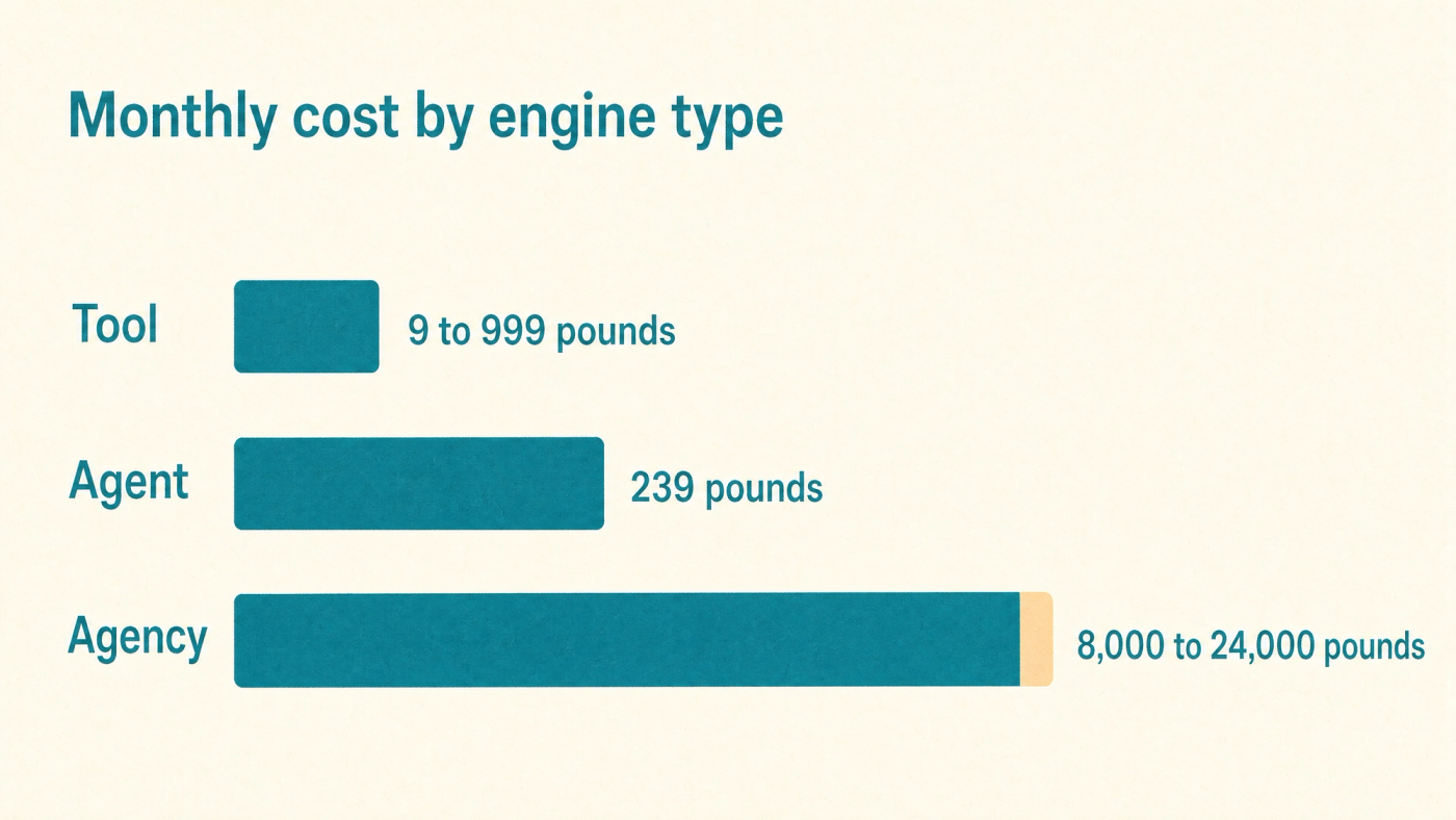 Monthly cost by engine type, from a self-serve tool to a five-figure agency retainer. Bar chart of monthly cost by engine type: Tool 9 to 999 pounds, Agent 239 pounds, Agency 8,000 to 24,000 pounds