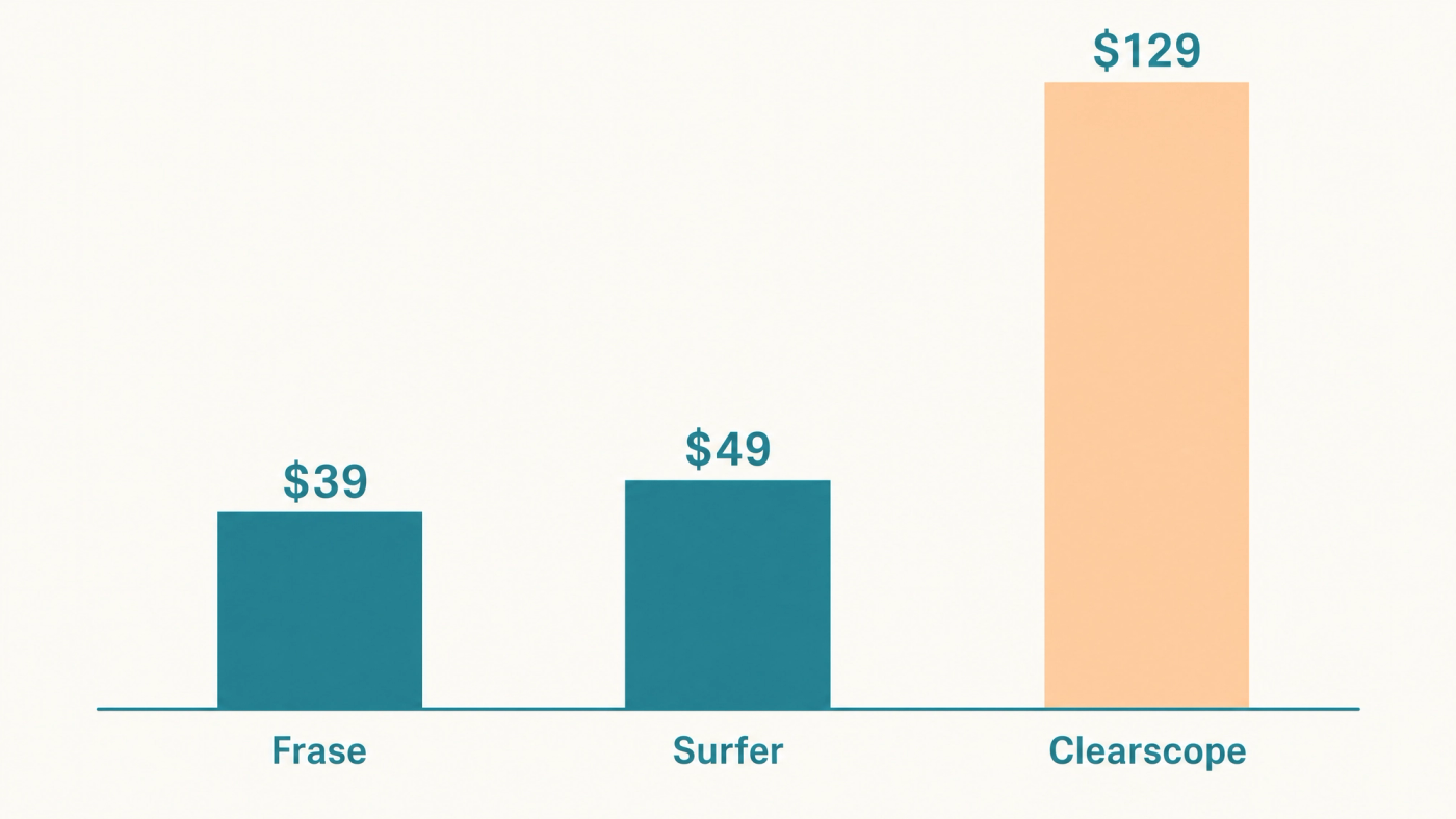 Bar chart of entry pricing for content optimisation tools: Frase $39, Surfer $49, Clearscope $129 a month